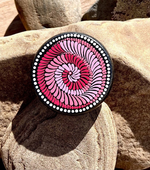 Hand Painted Peppermint Pinwheel Mandala Art Rock Pink Pinks White