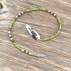 Boho Beaded Hairclip Seed Bead Hairclips Hippie Festival Free Spirit Multicolor Green Blue Silver Feather Long Hair Clip Hair Jewelry GR
