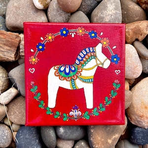 Dala Horses Paintings 6 X 6 Inch Canvas Acrylic Art Choose White or Red ...