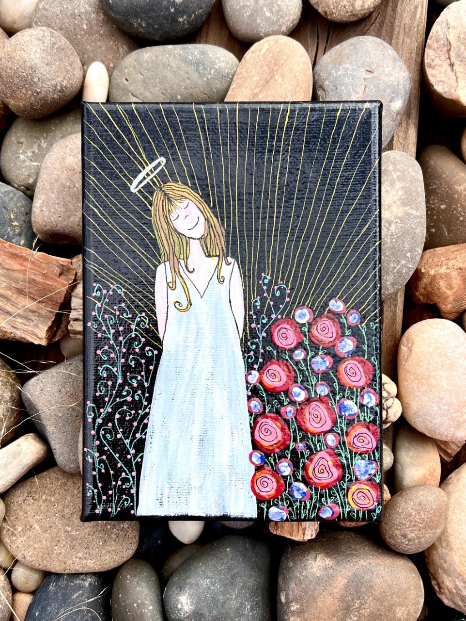 Eden Midnight Angel Small Painting 5X7 Stretched Canvas Angels