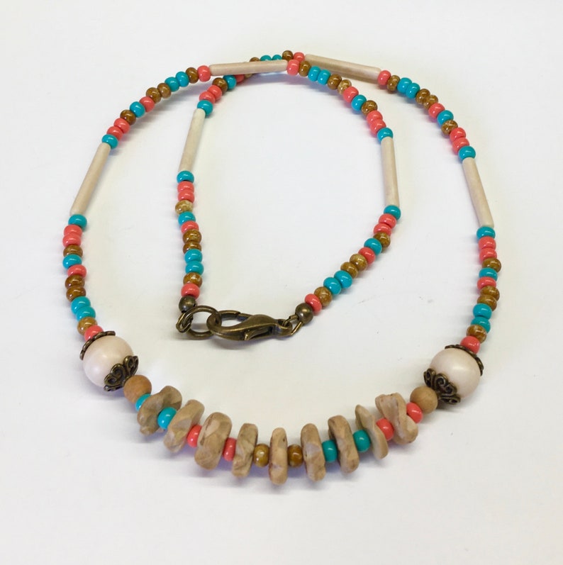 Rustic Colorful Artisan Brass Wood /& Glass Beaded Necklace Gift Boxed Women Men Unisex