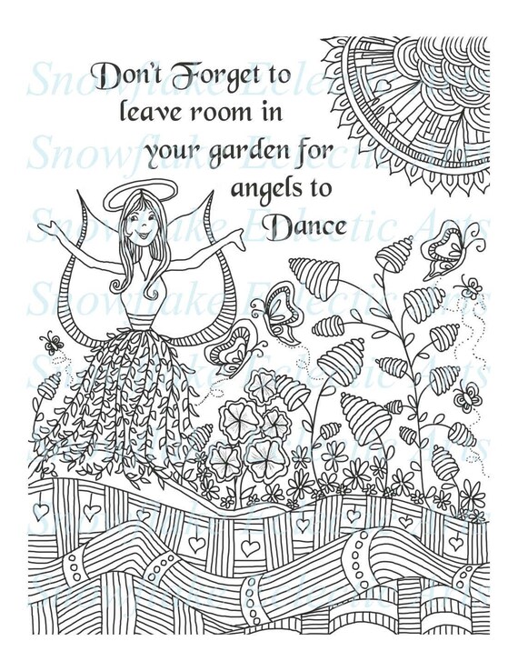 DIY COLORING Page - Instant PDF Digital Download - Printable Coloring Page  - Angels Dance - Angel Flowers Butterflies - Adults - Children