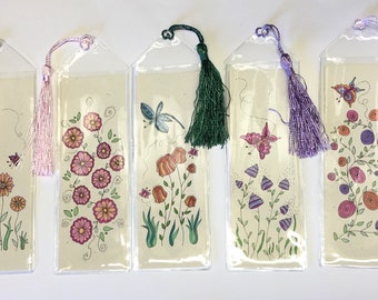 YOU Choose Assorted Flower Bookmarks Hand Drawn Floral Art Book Mark India & Colored Inks