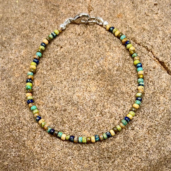 Minimalist Style Seed Bead Bracelet Or Anklet Simple Beaded Boho Picasso Mix Chartreuse Turquoise Yellow Browns AA