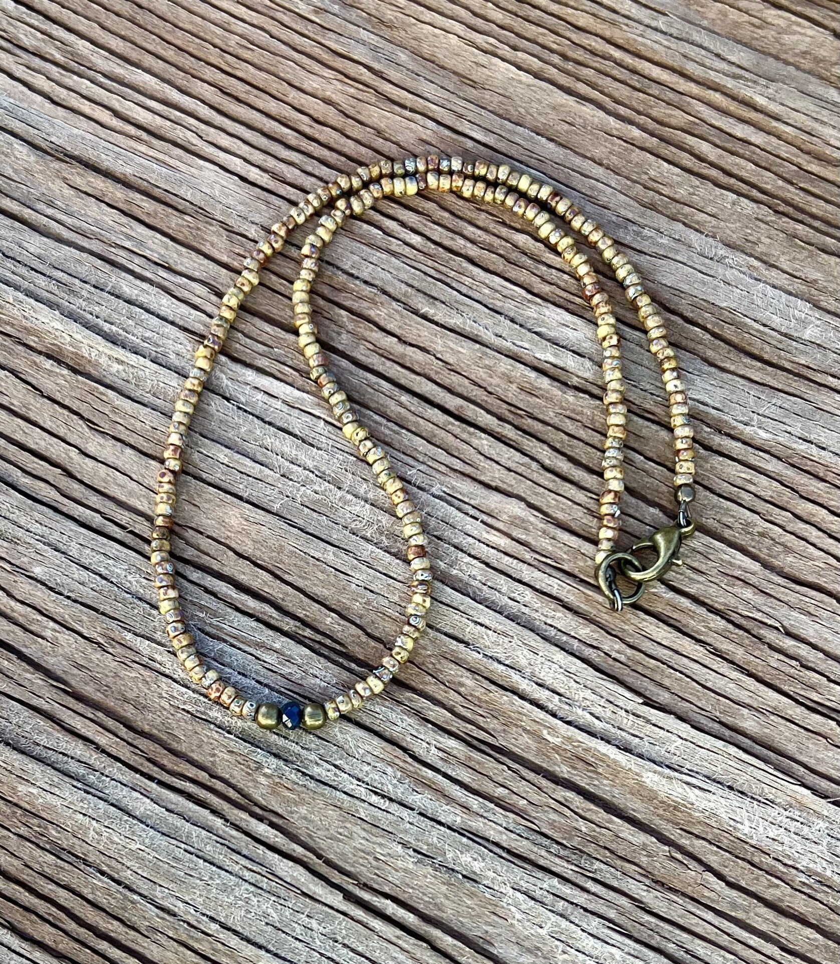 Minimalist Style Seed Bead Necklace Beaded Layering Necklace Simple Boho Rustic Brown Picasso Brass & Faceted Natural Sapphire F