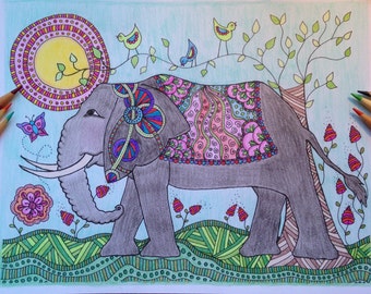 DIY COLORING Page - Instant PDF Digital Download - Printable Coloring Page - A Little Birdie Told Me - Elephant Birds - Adults - Children