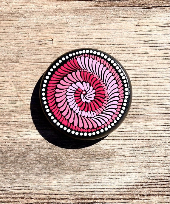 Hand Painted Peppermint Pinwheel Mandala Art Rock Pink Pinks White