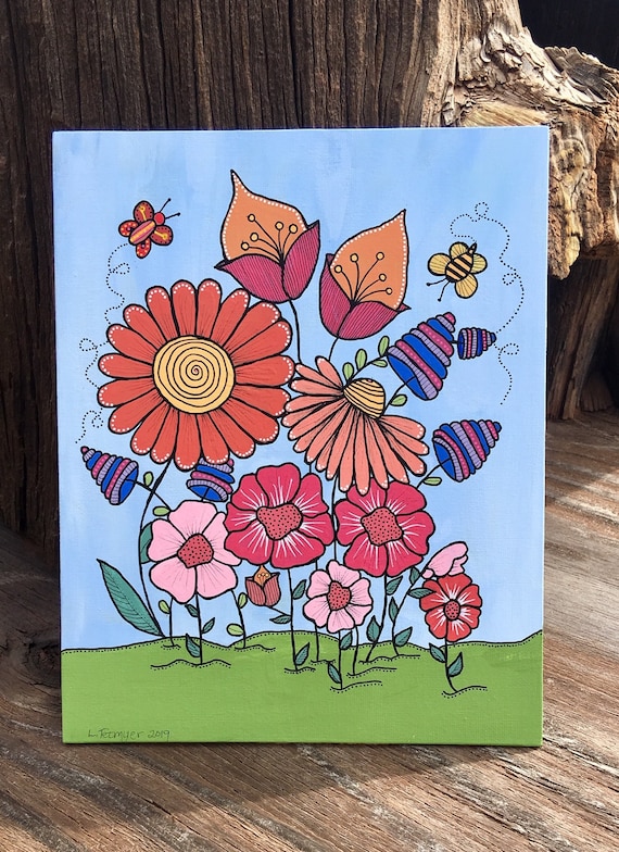 Flower Garden Painting 8 X 10 Inch Canvas Panel Vibrant Colorful