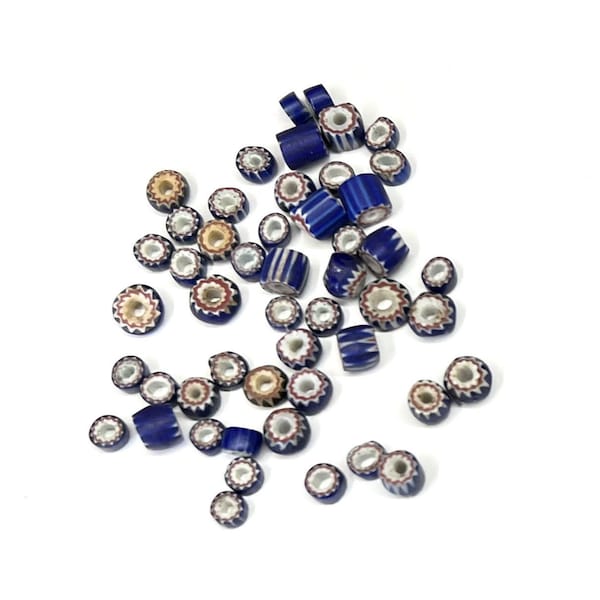 Antique Blue Chevron African Trade Beads Layered Polished Glass Bead Lot Blues White