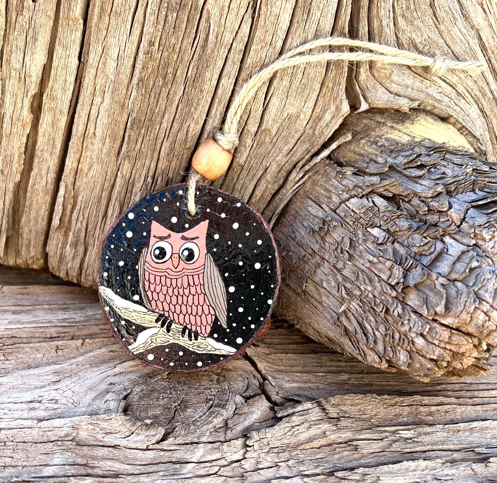 Hand Painted Rustic Wood Slice Snow Owl Ornament Simple Art Colorful Whimsical Wooden Hanging Decor