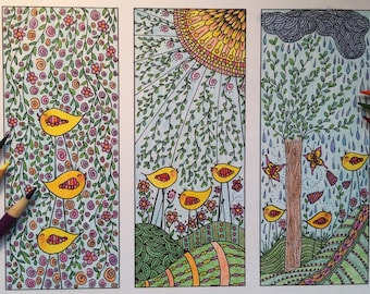 DIY Printable Coloring Page BOOKMARKS - Instant PDF Digital Download - Birds - Jungle Forest Prairie Birds - Set Of 3 - Adults - Children