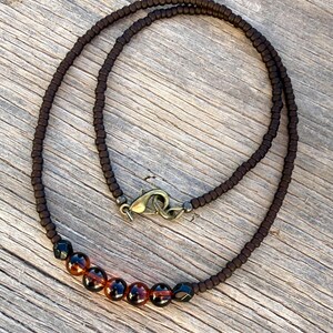 May include: A brown beaded necklace with a bronze clasp. The necklace features a row of amber and black beads. The necklace is displayed on a wooden surface.
