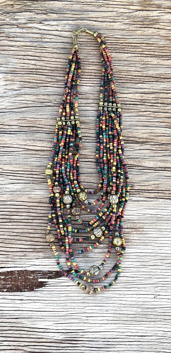 Vintage Colorful Multi-Strand Wood Beads & Brass N