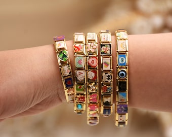 Bracelet italien doré, breloques italiennes dorées personnalisées, bracelet italien personnalisé, breloques EvilEye, bijou cadeau pour elle, cadeau d&#39;anniversaire et de fête des mères