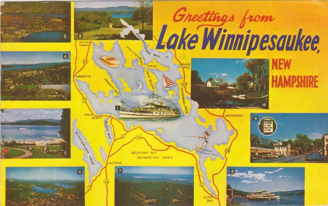 New Hampshire | Lake Winnipesaukee Map | Vintage Retro Postcard ...