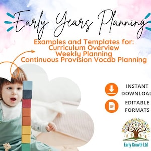 May include: An image featuring the text "Early Years Planning" and a child playing with building blocks. The image also includes the text "Examples and Templates for: Curriculum Overview, Weekly Planning, Continuous Provision Vocab Planning", "Instant Download", and "Editable Formats".
