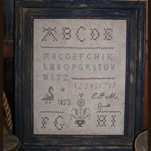 E.J.M. Primitive Early Style Practice Sampler Cross Stitch Pattern PDF