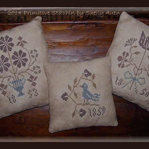 Flora and Fauna Primitive Pillow Tucks Cross Stitch Pattern