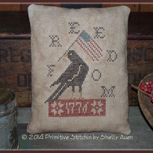 Primitive Americana "Freedom Crow Pillow Tuck" Cross Stitch E-Pattern PDF