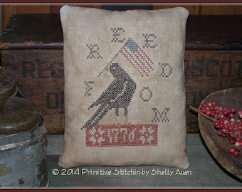 Primitive Americana "Freedom Crow Pillow Tuck" Cross Stitch E-Pattern PDF