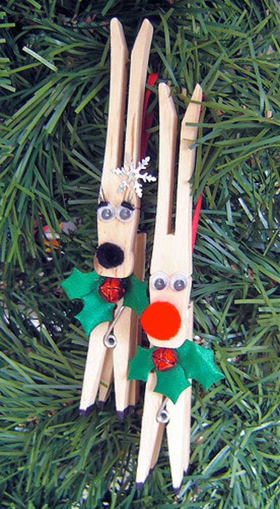 Items similar to Clothespin Reindeer Couple Christmas Ornaments Set