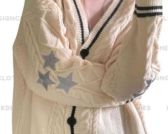 1989 blue folk cardigan/gift for fans/v-neck oversized cute hand-knitted holiday button sweater/