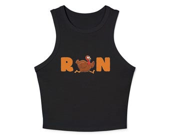 May include: Black crop top with the word "RUN" in orange block letters. A cartoon turkey is running between the letters. The top is sleeveless and has a rounded neckline.