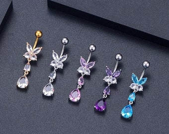 Belly Button Rings: Long Belly Button Ring Butterfly/ Gift for Her/ Birthday Present