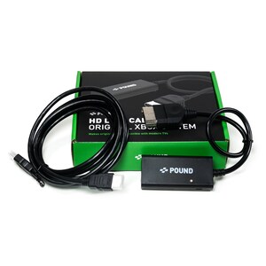 May include: A black HDMI cable, a black cable with a connector for an original Xbox console, and a black box with the text "POUND" on it. The box is connected to a green box with the text "HD Link Cable - Xbox Original System" on it. The green box is compatible with modern TVs.