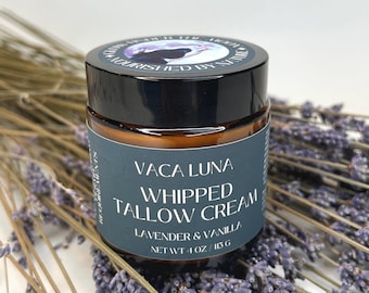 All Natural Tallow Cream: Lavender & Vanilla Whipped Moisturizer – Organic Grass-Fed Beef Skincare, Handmade Nontoxic Balm 4 oz
