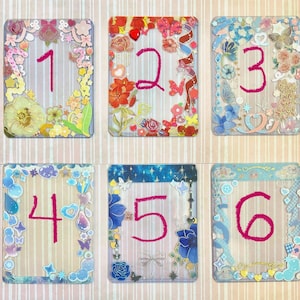 Op de afbeelding: Zes decoratieve kaarten met de nummers 1 tot en met 6. Elke kaart heeft een unieke bloemen- en decoratieve rand met een ander kleurenschema. De nummers zijn in een heldere roze kleur.