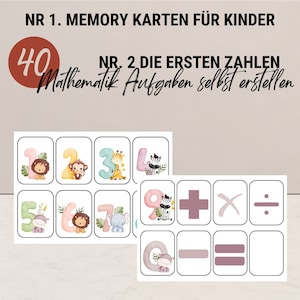 Op de afbeelding: Educatieve memorykaarten voor kinderen met de cijfers 1-9 en dierenillustraties. De kaarten bevatten ook wiskundige symbolen. De tekst op de afbeelding luidt "NR 1. MEMORY KARTEN FÜR KINDER" en "NR. 2 DIE ERSTEN ZAHLEN Mathematik Aufgaben selbst erstellen."