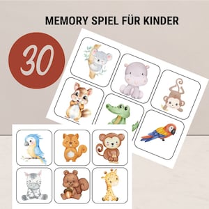 30 Memory Karten Zusammenfinden Kinder Wasserfarben Tiere Lernen Zuordnen Spielen mit niedlichen Motiven viele Vorlagen PDF Kindergarten