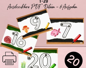 May include: Educational printable PDF files for children. The image shows several small blackboards with numbers 1-20, each with a dotted outline for tracing. Colorful illustrations of a snail, fish, and plants accompany the numbers. The text at the top says "Zahlen Schreiben Nach Farben 1-20".