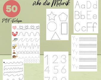 Può includere: Un insieme di fogli di lavoro educativi per bambini, con esercizi di tracciamento di lettere, numeri e forme. L'immagine include il testo "SCHWUNGÜBUNGEN" e "irbe die Motorik", insieme al numero "50" e alle parole "PDF-Vorlagen".
