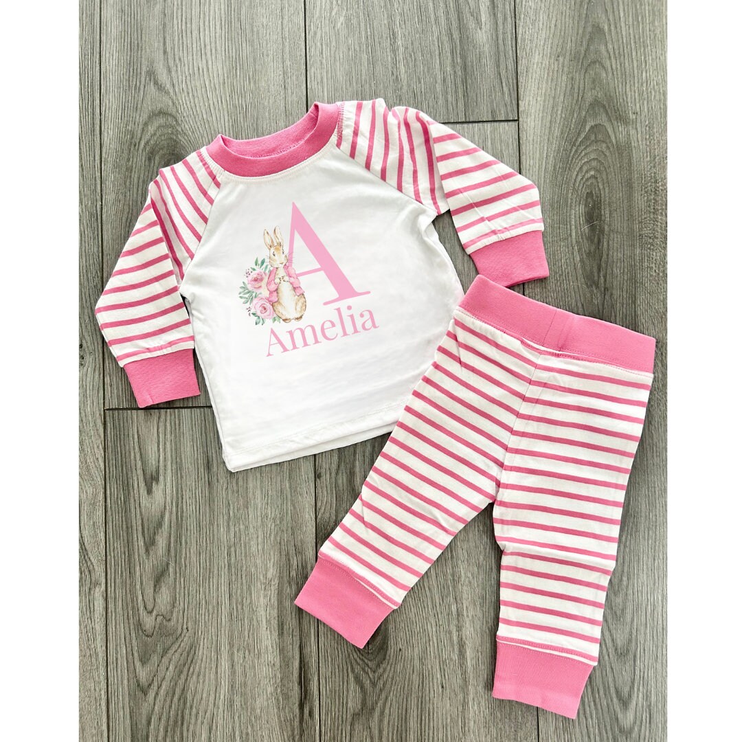 Personalised Girls Pyjamas Name on Pjs Personalised Pjs Custom Pjs Night Wear Sleepwear Rabbit Named Pjs Pink Stripped Rabbit Style Etsy Canada