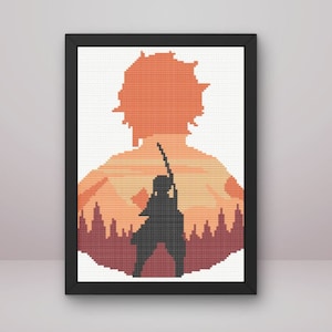 Peut inclure: Broderie au point de croix encadrée en noir. Le motif représente une silhouette d'une personne tenant une épée, sur fond de coucher de soleil avec une forêt. La palette de couleurs comprend des nuances d'orange, de rouge et de noir.