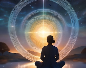 May include: A person sits in a meditative pose facing a bright light surrounded by concentric circles of light against a dark blue starry sky.