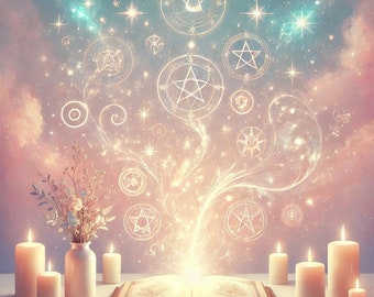 May include: An open book with a golden cover sits on a table with white candles and a vase of white flowers. The book is surrounded by a glowing light and mystical symbols, creating a magical atmosphere.