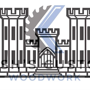 May include: A black and white logo featuring a stylized castle with three towers, a saw blade, and the text "Kashus Custom Woodwork". The design is on a white background.