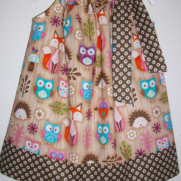 Pillowcase Dress Girls Dress Woodland Animals Fox Dress with Owl Hedgehog Dress Summer Dress Forest Party dress  baby dress toddler dress