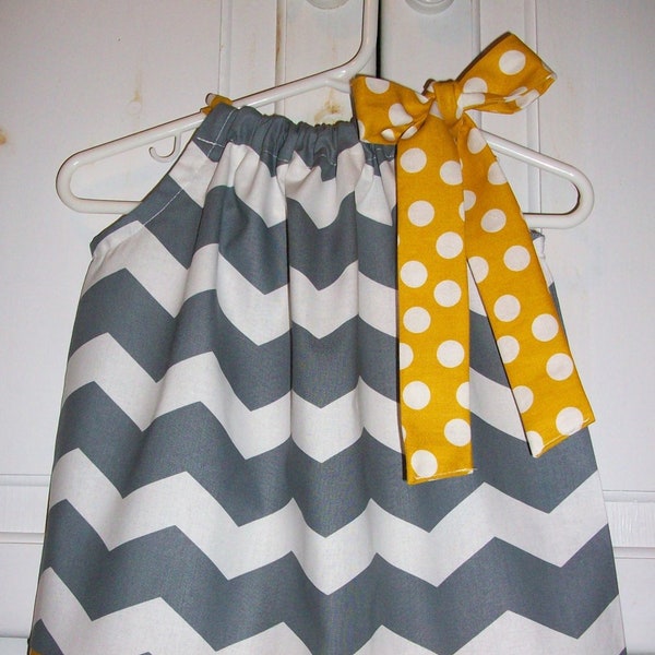 Pillowcase Dress 6m | Chevron Dress | Gray and Mustard | Size 6 months Baby Girl Dress | Infant Dress | Grey and Yellow | New Baby Gift