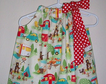 Pillowcase Dress | Camping Theme | Girls Dress | Road Trip | RV Camp Out Dress with Bears Fishing | Wildlife Dress | Animals Outdoors