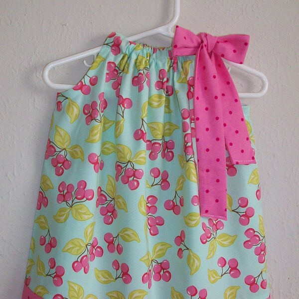 18m Pillowcase Dress with Cherries size 18 months Toddler Dress Cherry Dress Aqua & Pink Dress Michael Miller Vintage Cherries Ready to ship