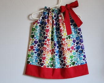 Hearts Dress 18m | Pillowcase Dress with Hearts | Rainbow Hearts | Rainbow Gift for Girl | Size 18 Months Girl Dress  | Valentines Outfit