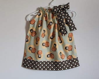 Halloween Dress | Pillowcase Dress with Black Cats | Pumpkin Dress with Plaid | Jack O Lantern Dress | Baby Dress for Halloween