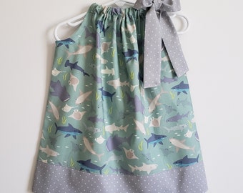 Shark Dress | Pillowcase Dress with Sharks | Toddler Girl Dress | Mint Shark Outfit | Under the Sea Dress | Shark Clothes for Girl Gift