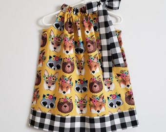 Forest Animal Dress | Pillowcase Dress | Boho Dress with Animals | Toddler Dress | Baby Dress | Buffalo Checks | Kids Dress | Girls Dress