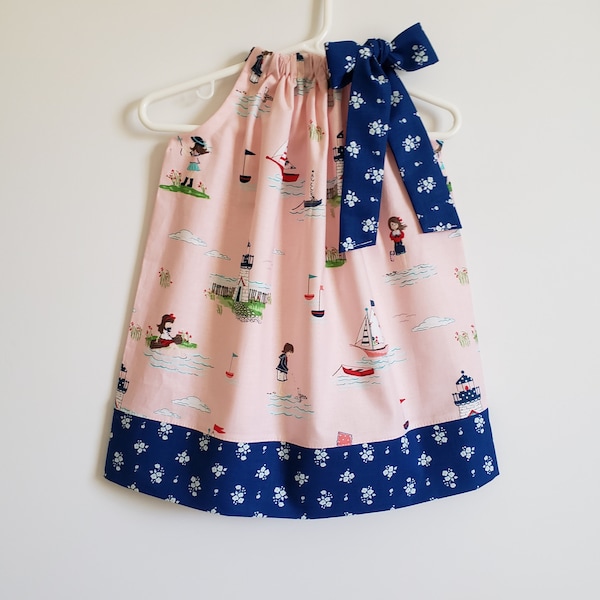 Pillowcase Dress 18m | Beach Dress | Little Girl Dress with Lighthouse | Sailboat Dress | 18 months Toddler Dress | Seaside Dress with Boats