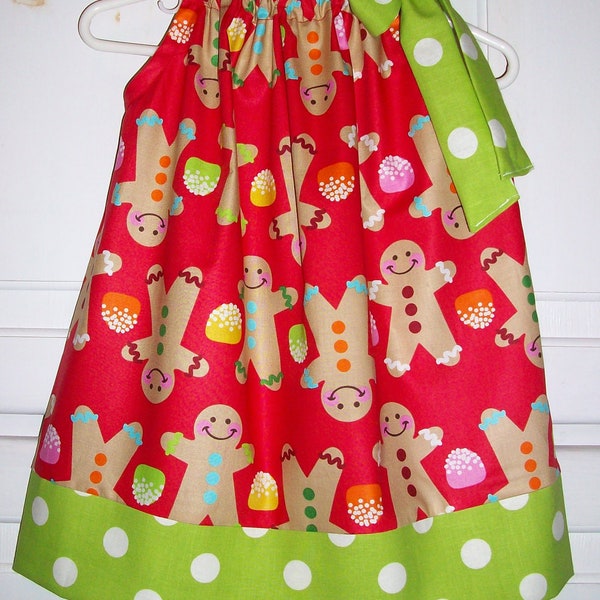 Christmas Pillowcase Dress GINGERBREAD and GUMDROPS Red Lime baby toddler girl Holiday